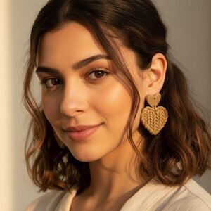 Boho Knit Heart Earrings in Toasted Almond